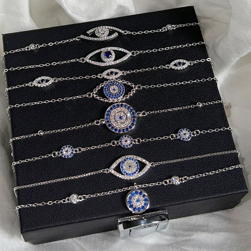 Wholesale Demon Eye Geometric Design Zircon Inlaid Blue Eye S925 Sterling Silver Bracelet